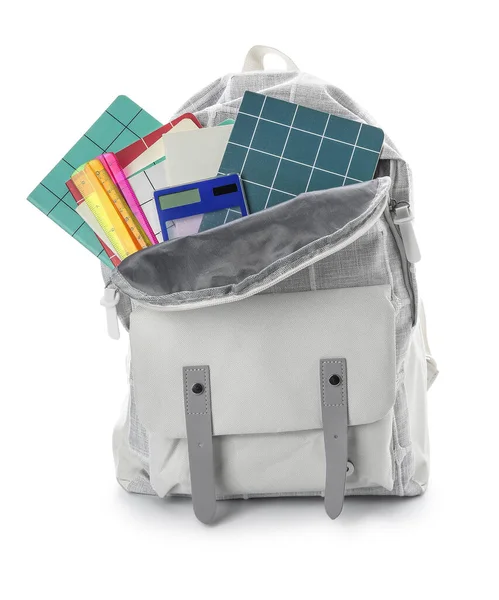 Stylish School Backpack Stationery White Background — Stock Photo, Image