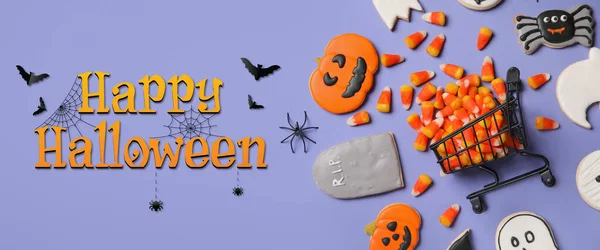 Banner Happy Halloween Bevásárlókocsival Finom Finomságokkal — Stock Fotó