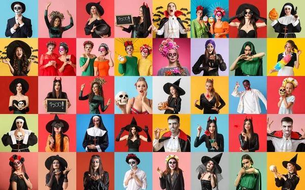 Duży Kolaż Ludzi Ubranych Halloween Tle Koloru — Zdjęcie stockowe