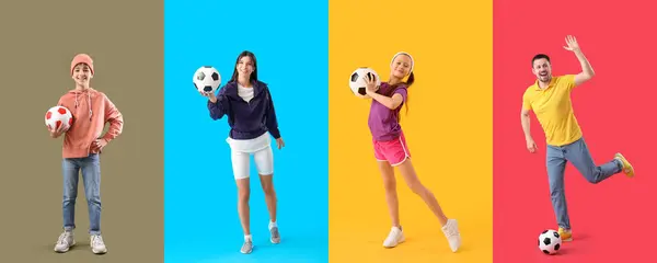 Set Med Olika Personer Med Fotboll Bollar Färgglada Bakgrund — Stockfoto