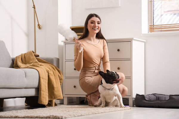 Young woman with pp-duster and her French bulldog at home