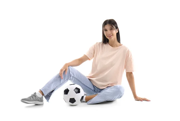 Jonge Vrouw Met Voetbal Witte Achtergrond — Stockfoto