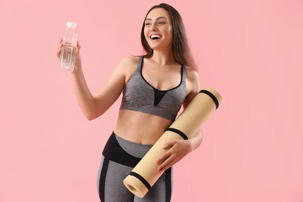 Sporty Young Woman Bottle Water Fitness Mat Pink Background — Stock Photo, Image