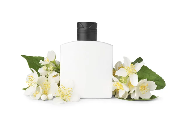 Beyaz Arka Planda Bir Şişe Kozmetik Ürünü Yasemin Çiçekleri — Stok fotoğraf