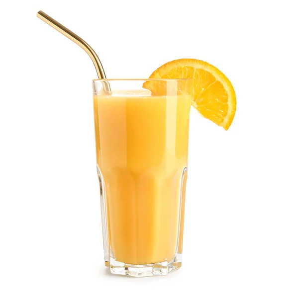 Glas Frischer Orangensaft Mit Stroh Isoliert Auf Weißem Hintergrund — Stockfoto