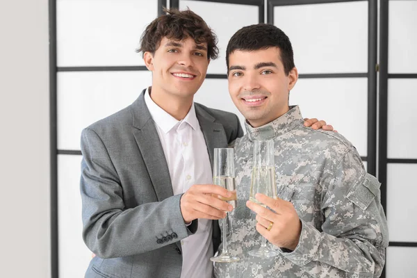 Soldier His Husband Glasses Champagne Wedding Day — Stock Photo, Image