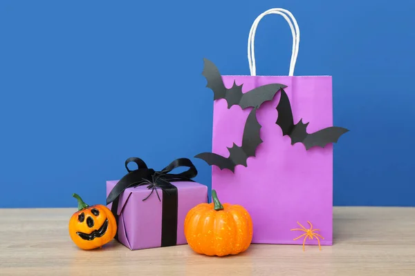 Abóboras Caixa Presente Saco Compras Morcegos Papel Para Celebração Halloween — Fotografia de Stock