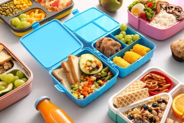 Gri arka planda farklı lezzetli yemekleri olan bir sürü beslenme çantası.