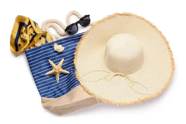 Stylish Beach Hat Sunglasses Bag White Background — Stock Photo, Image