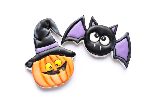 Tasty Cookies Shape Pumpkin Bat Halloween Celebration White Background — Stock Photo, Image
