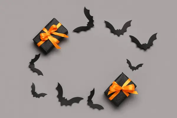 Frame Gemaakt Van Papieren Vleermuizen Voor Halloween Party Geschenkdozen Grijze — Stockfoto