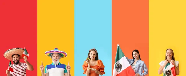 カラフルな背景に異なるメキシコ人のセット — ストック写真