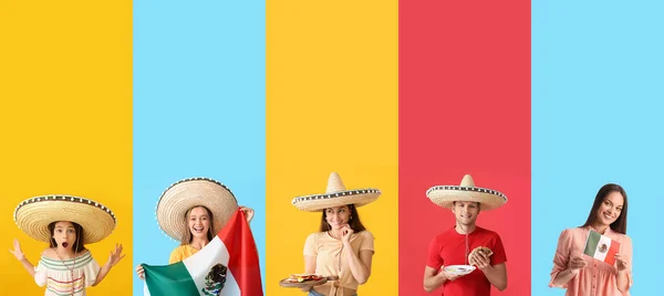 Conjunto Diferentes Pessoas Mexicanas Fundo Colorido — Fotografia de Stock