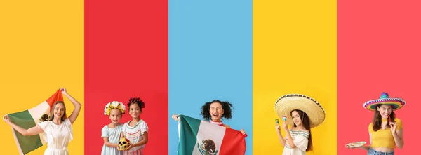Set Multe Femei Fete Mexicane Fundal Colorat — Fotografie, imagine de stoc