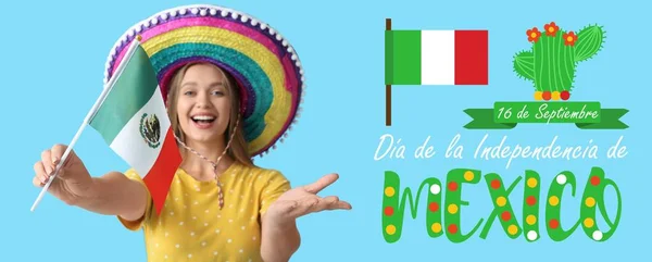 Gratulationskort För Självständighetsdagen Mexiko Med Kvinna Sombrero Hatt Och Flagga — Stockfoto