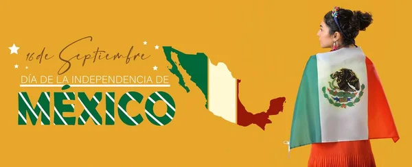 Tarjeta Felicitación Para Día Independencia México Con Mujer Bandera — Foto de Stock