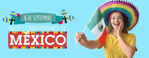 Gratulationskort För Självständighetsdagen Mexiko Med Kvinna Sombrero Hatt Och Flagga — Stockfoto