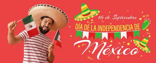 Gratulationskort För Självständighetsdagen Mexiko Med Man Sombrero Hatt Och Flaggor — Stockfoto