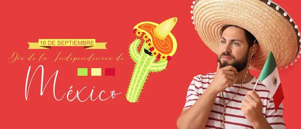 Sombrero 모자와 깃발에 남자와 멕시코의 기념일 인사말 — 스톡 사진