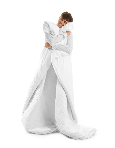 Красивый Молодой Человек Мягким Одеялом Спит Белом Фоне — стоковое фото