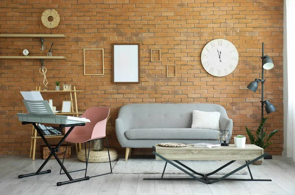 Interior Stylish Living Room Modern Synthesizer Sofa Brick Wall — Stock Photo, Image