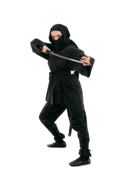 Kobiecy Ninja Mieczem Odizolowany Białym — Zdjęcie stockowe