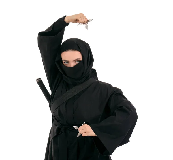 Kobieta Ninja Shurikens Białym Tle — Zdjęcie stockowe
