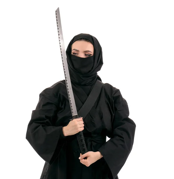 Kobieta Ninja Mieczem Białym Tle — Zdjęcie stockowe