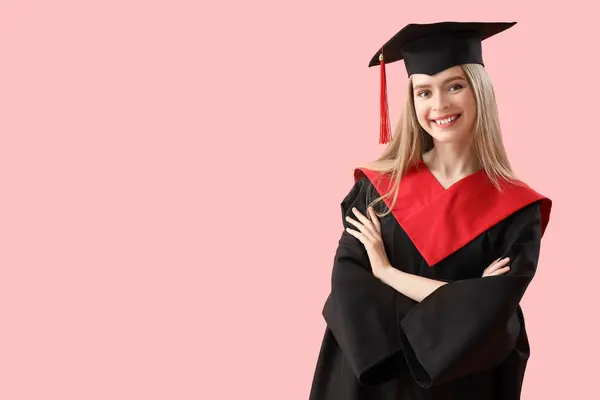 Žena Postgraduální Student Růžovém Pozadí — Stock fotografie