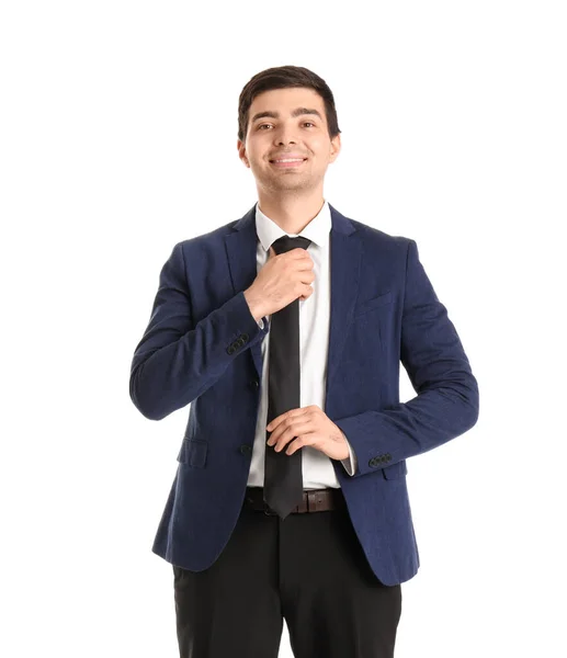 Young Businessman Fixing Necktie White Background — Stock Photo, Image