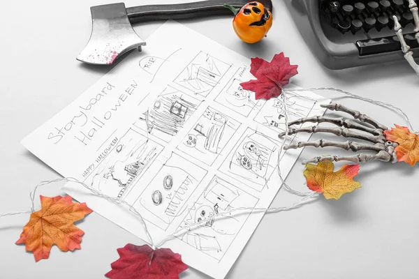 Machine Écrire Avec Storyboard Décor Halloween Sur Fond Gris — Photo
