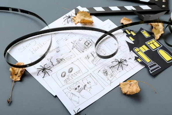 Storyboards Bobine Film Clapperboard Décor Halloween Sur Fond Bleu — Photo
