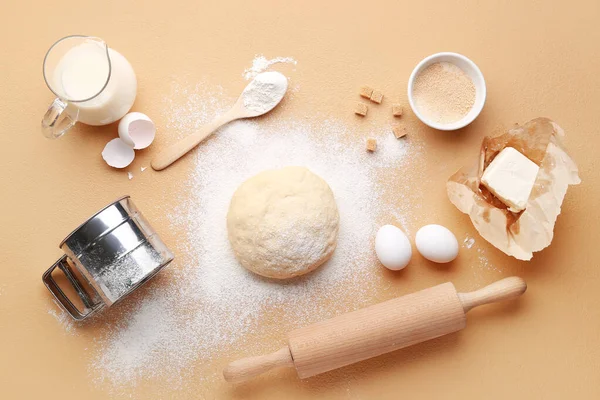 Composición Con Ingredientes Utensilios Para Preparar Panadería Sobre Fondo Color — Foto de Stock
