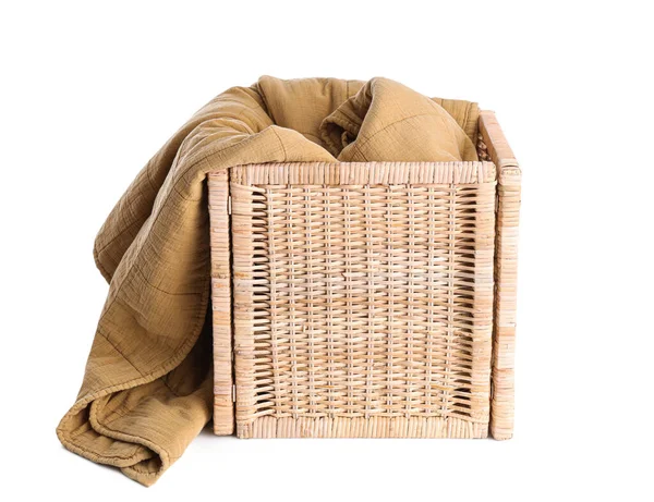Wicker Basket Blanket Isolated White Background — Stock Photo, Image