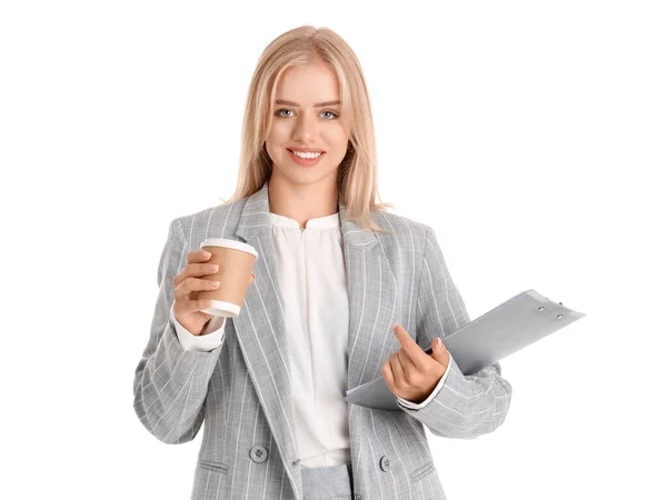 Mladá Krásná Podnikatelka Notebookem Šálek Kávy Izolované Bílém Pozadí — Stock fotografie
