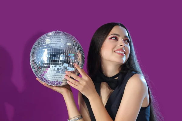 Stylish Young Woman Disco Ball Purple Background — Stock Photo, Image