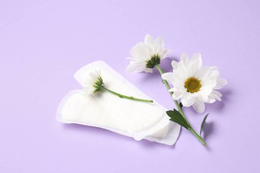 Leylak arka planında regl pedleri ve papatya çiçekleri