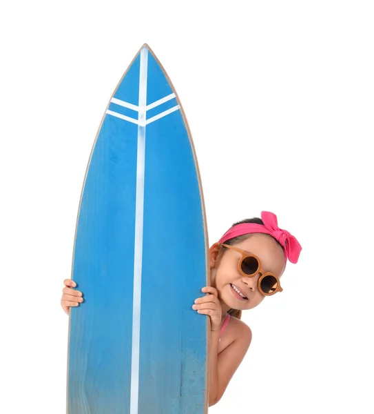 Petite Fille Asiatique Avec Planche Surf Sur Fond Blanc — Photo