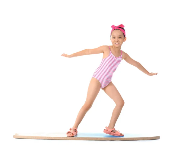 Little Asian Girl Surfboard White Background — Stock Photo, Image