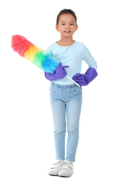 Cute Little Girl Duster White Background — Stock Photo, Image