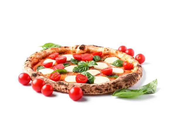 Gustosa Pizza Margarita Con Pomodori Freschi Basilico Sfondo Bianco — Foto Stock