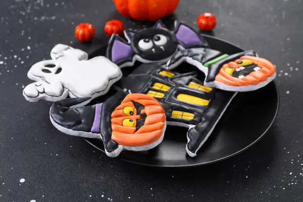 Plate Tasty Cookies Halloween Celebration Dark Background Closeup — Stock Photo, Image