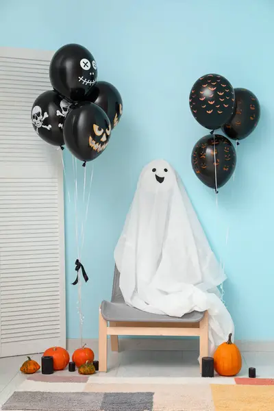 Different Black Halloween Balloons Chair Ghost Folding Screen Pumpkins Blue — Stock Photo, Image