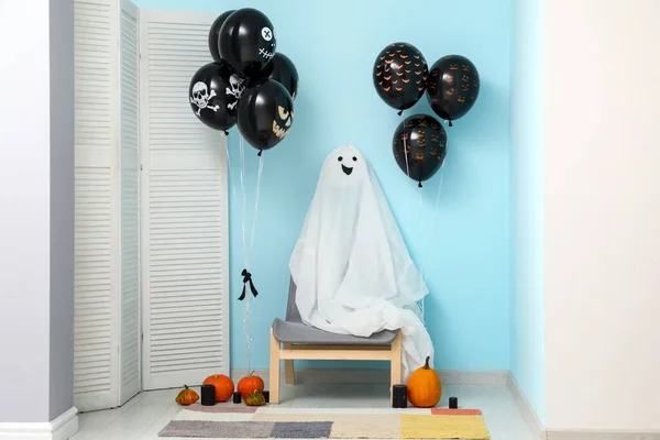 Different Black Halloween Balloons Chair Ghost Folding Screen Pumpkins Blue — Stock Photo, Image