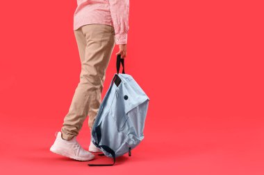 Kırmızı arka planda sırt çantası olan küçük Afro-Amerikalı öğrenci.