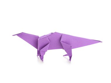 Beyaz arkaplanda mor origami dinozoru