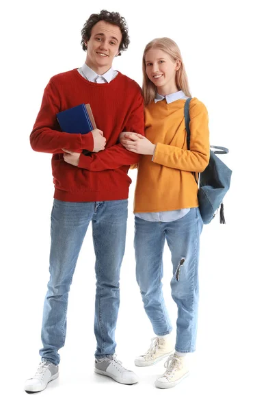 Teenager Paar Mit Büchern Auf Weißem Hintergrund — Stockfoto