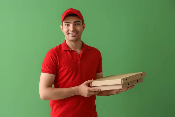 Male Courier Pizza Boxes Green Background — Stock Photo, Image