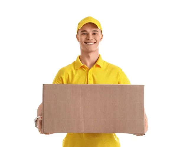 Young Courier Parcel White Background — Stock Photo, Image