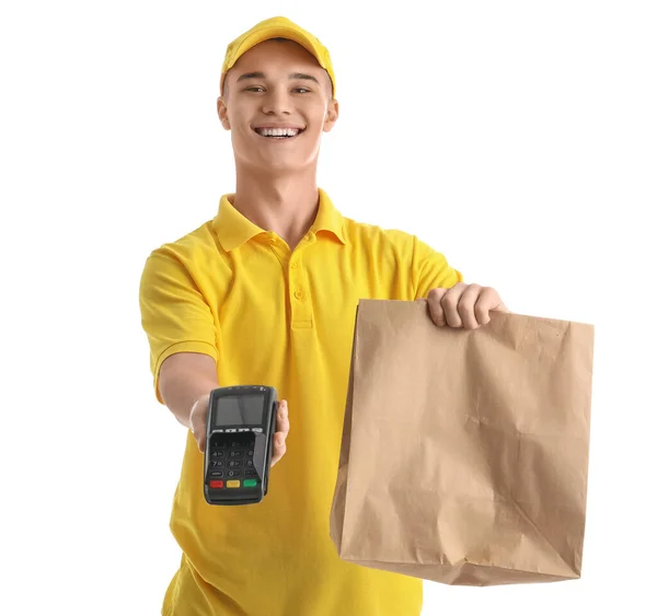 Young Courier Paper Bag Payment Terminal White Background — Stock Photo, Image